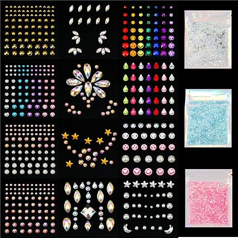 12 Sheets Face Jewels Rhinestones Crystal Stickers, 15g Chunky and Fine Mix Glitter, Eye Face Body Rave Outfits Clothes for Women, Mermaid Makeup Gems Rave Festival Accessories - sugar skull makeup kit