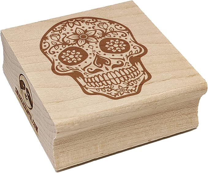 Dia De Los Muertos Mexican Sugar Skull with Flowers Day of The Dead Square Rubber Stamp for Stamping Crafting - 1.75in Medium - sugar skull wreath for front door