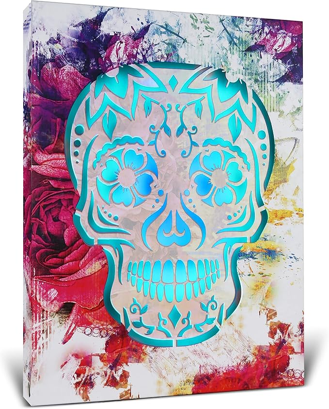 CoTa Global Day of the Dead Light Up LED Wall Art - Fun Changing Color LED Light Up Picture Art for Bedroom, Modern Wall Hang Living Room Art, House Decor Art Design Wall Art Nightlight - 16x12 Inches - sugar skull canvas wall art