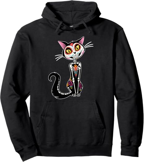 Day of The Dead Cat Dia de Los Muertos - sugar skull hoodie mens