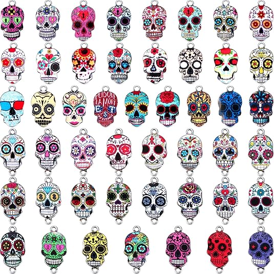 MTLEE 100 Pieces Halloween Sugar Day of The Dead Charms Enamel Skull Pendants Alloy Colorful for DIY Necklaces Bracelets Bangles Key Chains Earring Jewelry Accessories - sugar skull christmas ornament