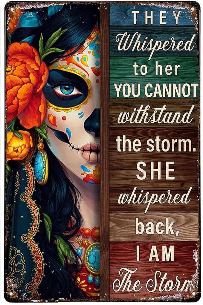 RIFOSA Vintage Tin Sign Sugar Skull I Am The Storm Wall Poster Decor Bedroom Door Plaque Sign 12x8 Inch, 8X12IN - sugar skull poster print