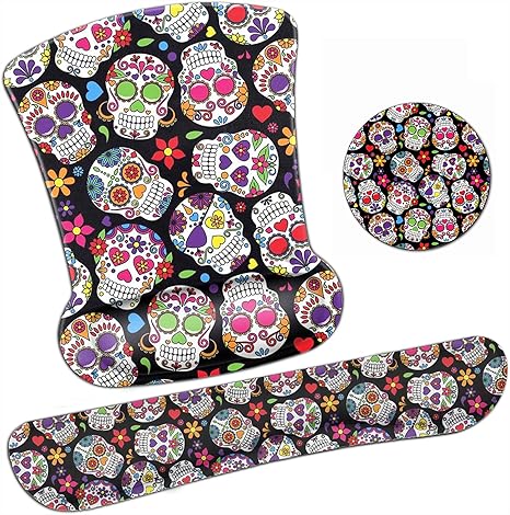 Ergonomic Mouse Pad Wrist Support Gel and Keyboard Wrist Rest Set Day of The Dead Colorful Vintage Sugar Skull Design for Laptop Gaming and Office, Durable, Comfortable and Pain Relief + Coaster - sugar skull coasters set