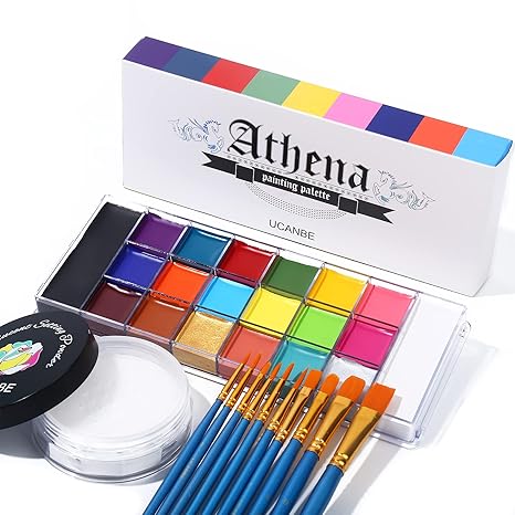 UCANBE Athena Face Body Paint Oil Palette + Translucent Setting Powder + 10PCS Brushes Set, Professional Non Toxic Face Painting Pallet Kit for Halloween SFX Cosplay Clown Makeup for Women Adults - sugar skull makeup kit
