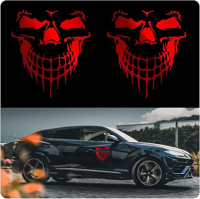 2 PCS of Reflective Skull Car Sticker Decals, Hallowmas Colorful Cartoon Waterproof Self Adhesive Vinyl Car Exterior Accessories, Suitable for Car Hoods, Doors, Bumpers, DMTH001-Red - sugar skull vinyl sticker