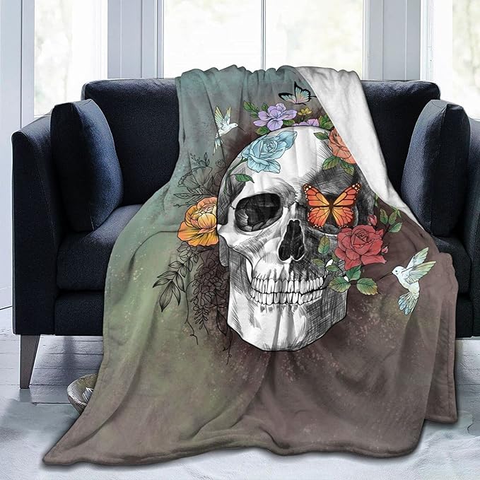 Flower Sugar Skull Throw Blanket - Skull Gifts for Women, Warm Fleece Cozy Plush Throw for Bedroom, Living Room, Sofa, Car - 60"x50" - sugar skull throw blanket