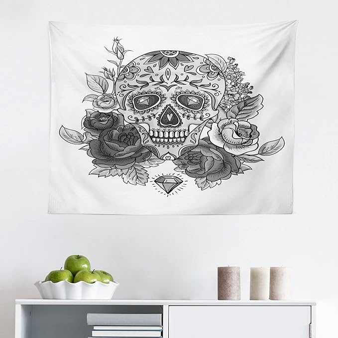 Ambesonne Sugar Skull Tapestry, Monochrome Skeleton Roses Leaves and Diamond Shape Folklore Festival Print, Fabric Wall Hanging Decor for Bedroom Living Room Dorm, 28" X 23", Grey White - sugar skull throw blanket