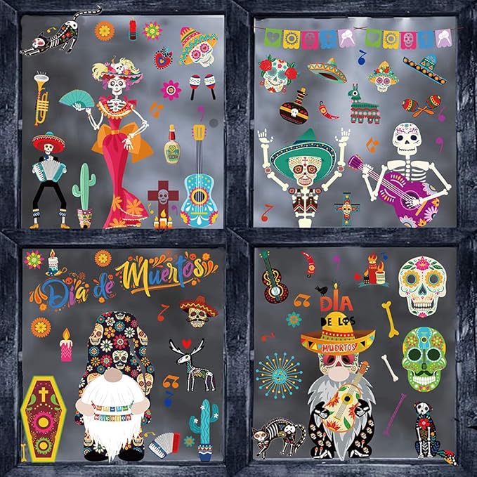 Day of The Dead Window Clings Dia de Los Muertos Window Stickers Halloween Window Decorations with Sugar Skull Skeleton Gnome Flowers Mexican Fiesta Design Decals for Halloween Party Glass 9 Sheets - sugar skull vinyl sticker