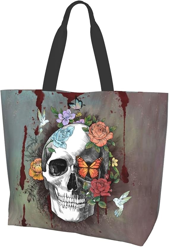 Flower Sugar Skull Tote Bags Reusable Women Shoulder Travel Beach Bag Shopping Work Daily - sugar skull handbags for sale