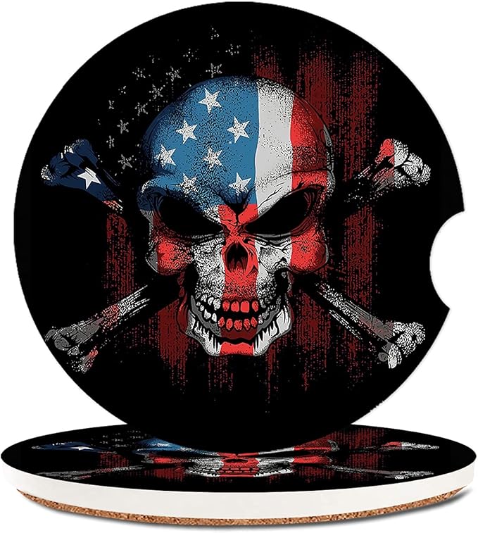 Removable Ceramic Cup Holders Car Coasters for Women/Men,Cool Absorbent Drink Cup Car Holder Coasters Auto Accessories with A Finger Notch 2.56" Pack of 2,American Flag Skull - sugar skull coasters set