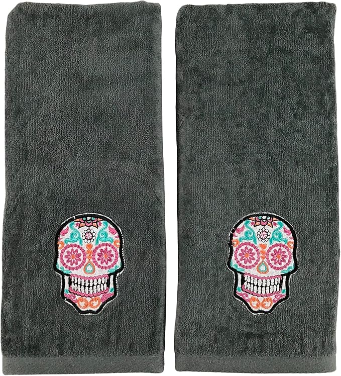 Serafina Home Halloween Hand Bathroom Towels Set of 2 – Day of The Dead Día de Los Muertos Sugar Skull Decor 100% Cotton- Embroidered Decorative Holiday Decor - sugar skull toilet mat set