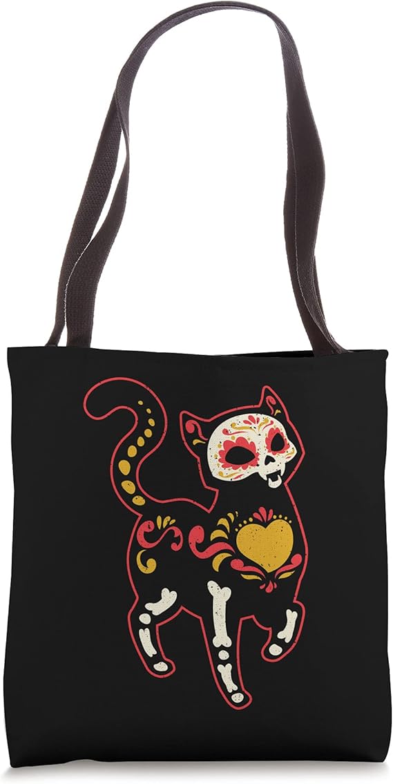 Traditional Day Of The Dead Mexico Sugar Skull Cat Halloween Tote Bag - sugar skull handbags for sale