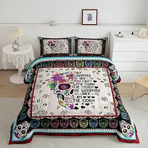 Bohemian Comforter Set, Sugar Skull Flower Bedding Sets, Skeleton Floral Down Alternative, With Inspirational Quote Pastoral Bedding Comforters Queen Size 3 Pieces Bedroom Home Decor For Men And Women - sugar skull bedding set