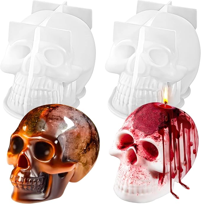 3D Skull Resin Molds, 2 Pack Skull Candle Molds, Silicone Skull Shape Handmade Candle Making Mould, DIY Craft Resin Mold for Fondant Cake, Aromatherapy Candle, Chocolate, Soap, Candy - sugar skull candle holder