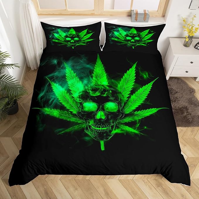 Erosebridal Halloween Duvet Cover Twin Size Sugar Skull Bedding Set for Kids Boys Girls Bedroom Decor Teens Adult Marijuana Leaves Comforter Cover Gothic Theme Lightweight Quilt Cover, Green Black - sugar skull bedding set