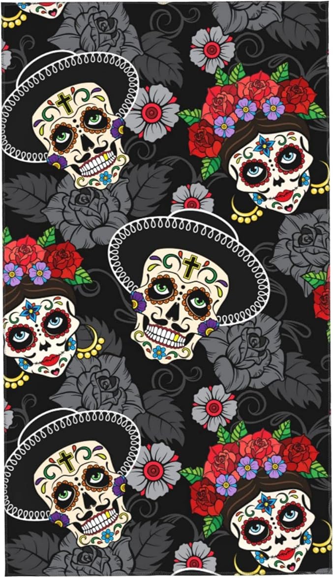 Perinsto Sugar Skulls Hand Towel Day of The Dead Decorative Fingertip Towels Multipurpose for Bathroom Kitchen Gym and Spa, 27.5" X 15.7" - sugar skull beach towel