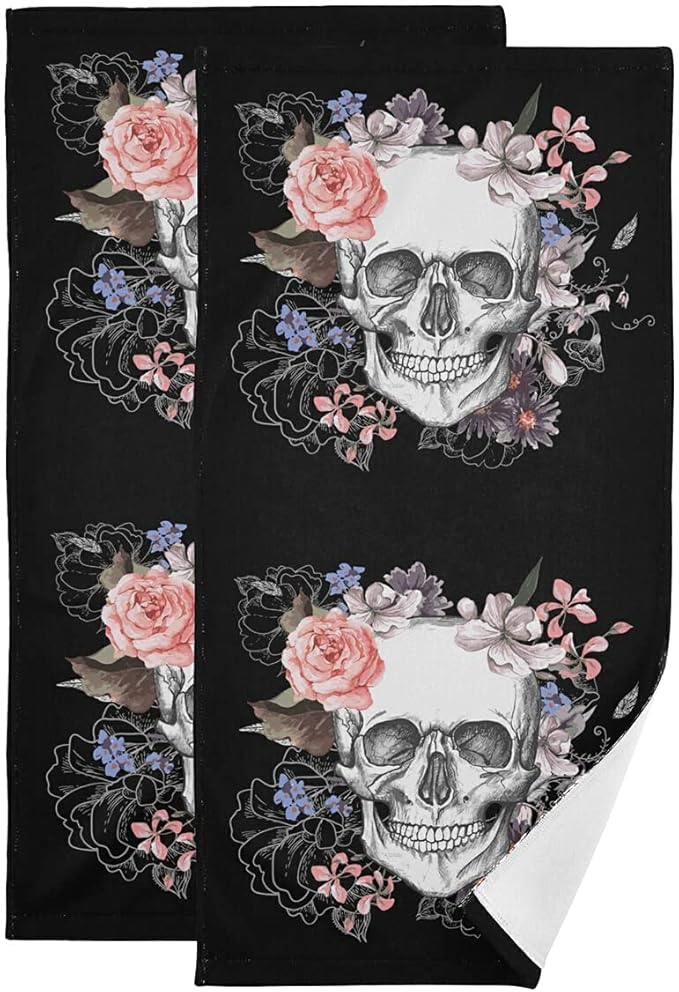 Giwawa Skull Hand Towel Set of 2, Soft Halloween Bath Towels Absorbent Pink Rose Floral Fingertip Towel Fast Drying Black Face Towel for Bathroom Kitchen Yoga Gym Spa Decor 28.3x14.4 Inch - sugar skull beach towel