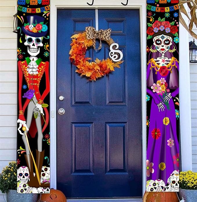 Day of The Dead Decorations Dia De Los Muertos Decor Mexican Fiesta Sugar Skull Flowers Deocrations Hanging Wall Door Banner for Indoor Outdoor - sugar skull wreath for front door