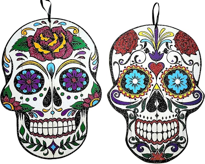 Large Glittered Day of the Dead Sugar Skull Hanging Wall Sign, Set of 2 Different Designs, Multicolor - sugar skull canvas wall art