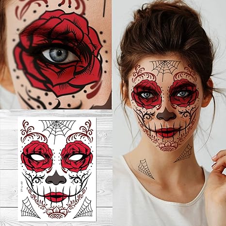 Supperb Halloween Face Tattoo Day of the Dead Sugar Skull Red Rose Temporary Face Tattoo Kit - sugar skull temporary tattoo