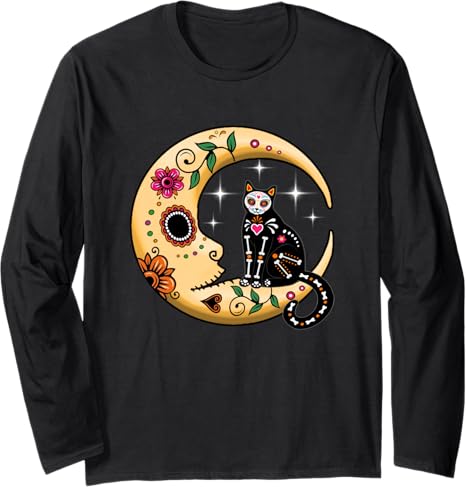 Cat & Moon Sugar Skull Dia de Los Muertos Day tees - sugar skull long sleeve shirt mens