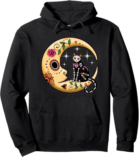 Cat & Moon Sugar Skull Dia de Los Muertos Day tees - sugar skull hoodie mens