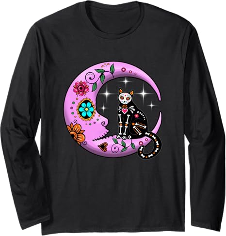 Dog & Moon Sugar Skull Dia de Los Muertos Day tees - sugar skull long sleeve shirt mens