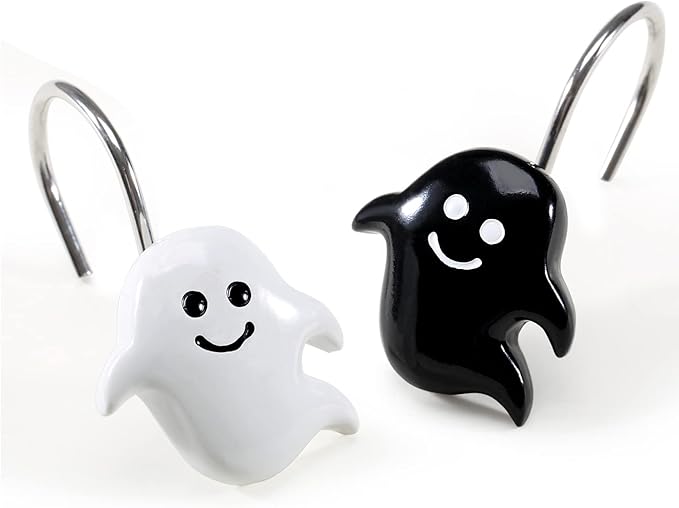 CHICTIE Halloween Shower Curtain Hooks, Black White Nightmare Decorative Shower Rings for Bathroom Shower Curtains Rods,Set of 12 Premium Rust-Resistant Shower Hooks Hangers Cute Spooky Design - sugar skull shower curtain set