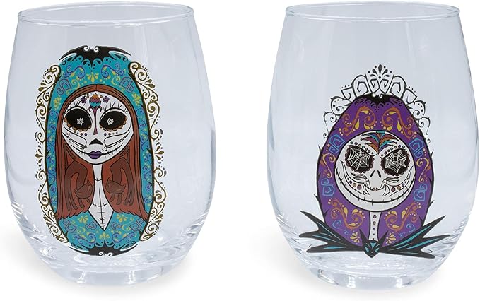 Disney The Nightmare Before Christmas Jack and Sally 20-Ounce Stemless Wine Glass Set | Cocktail Glasses For Home Kitchen Barware Set | Day of the Dead Halloween Home Decor, Tim Burton Gifts - sugar skull wine glass