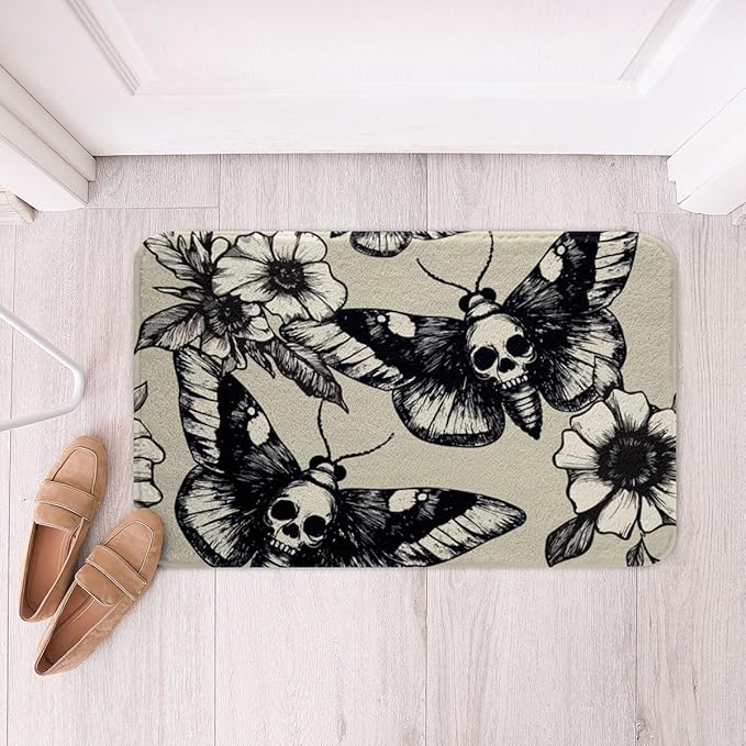 Erosebridal Skull Doormats,Gothic Moth Print Plush Bath Mat Non Slip Machine Washable,Sugar Skull Fleece Bath Rugs Water Absorbent Gray White Black Botanical Floral Bathroom Rugs Porch Mat, 20"x32" - sugar skull area rug