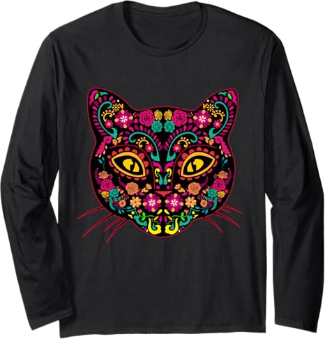Sugar Skull Cat Day of dead Shirts - sugar skull long sleeve shirt mens
