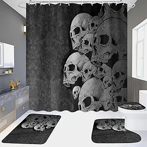 4 Pcs Halloween Skull Shower Curtain Sets, Gothic Black Skeleton Waterproof Fabric Shower Curtains for Halloween Bathroom Decor with 12 Hooks (Skull Piled) - sugar skull shower curtain set