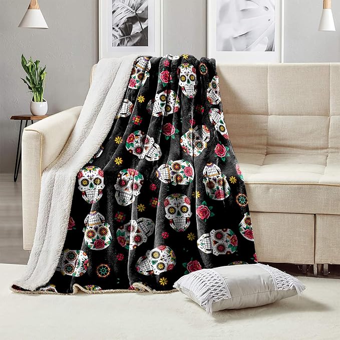 Super Soft Flannel Fleece Throw Blanket, Lightweight Sherpa Blankets Comfortable Bed Throws 3D Printed Blanket for Couch/Chair/Sofa/Bed/Dorm/Bedroom/Home (Day of The Dead Sugar Skull) - sugar skull christmas ornament
