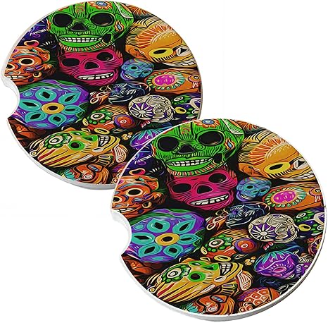 Sugar Skull Dia De Los Muertos Natural Absorbent Sandstone Car Coasters (Set of 2 car Drink Coasters) - sugar skull coasters set