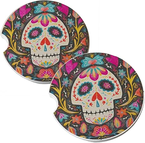 Sugar Skull Halloween Fiesta Natural Absorbent Sandstone Car Coasters (Set of 2 car Drink Coasters) - sugar skull coasters set
