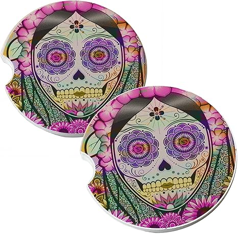 Sugar Skull Flowers Dia De Los Muertos Natural Absorbent Sandstone Car Coasters (Set of 2 car Drink Coasters) - sugar skull coasters set