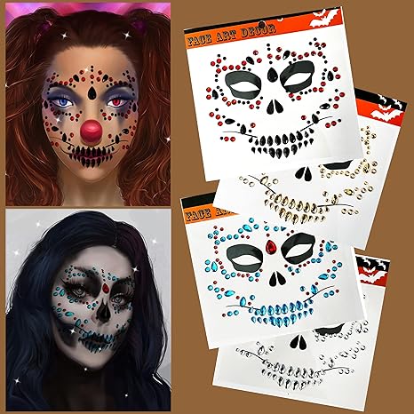Day of The Died Skull Halloween Face Jewel Tattoos, 4-Pack Temporary Rhinestone Face Tattoo Stickers Gems Jewels for Halloween - sugar skull temporary tattoo