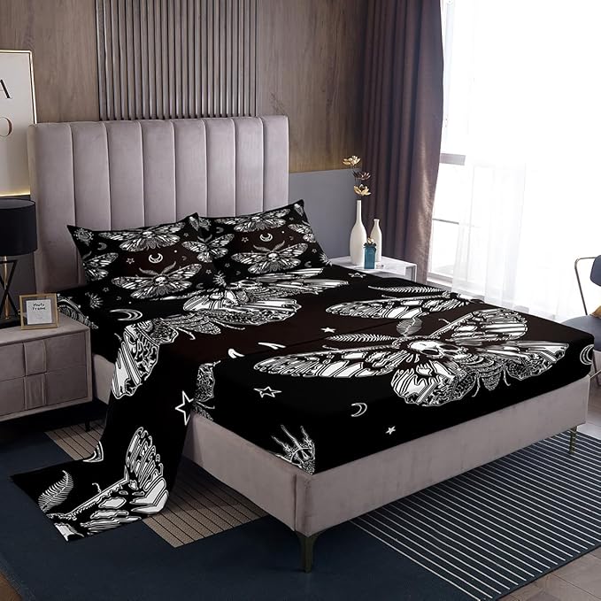 Kids' Sheet Set Queen Death Moth Bed Sheet Set Boys Girls Soft Retro Boho Skeleton Sugar Skull Bedding Set (Deep Pocket Fitted Sheet + Flat Sheet + 2 Pillow Case) Vintage Gothic Bones Moth Sheets - sugar skull bedding set