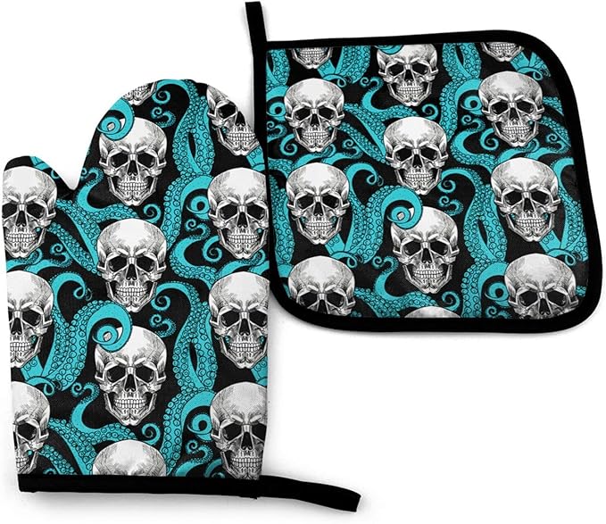 Octopus Blue Kraken Sugar Skull Oven Mitts and Pot Holders Set, 356 F Heat Resistant Oven Gloves and Hot Pads Potholders for Kitchen Baking Cooking BBQ Grill - sugar skull oven mitts