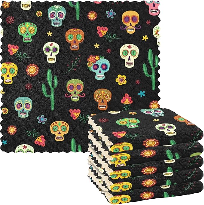 Sugar Skulls Cactus Kitchen Towels 6 Pack Dish Towels Reusable Cleaning Dish Cloths Dish Rag for Kitchen - sugar skull beach towel