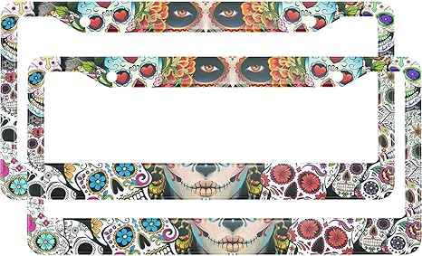 HOSNYE Girl with Sugar Skull License Plate Frame Day of The Dead Colorful Floral Ornament Metal 2 Pcs Licenses Plates Frames Front Licenses Plate Covers Car Tag Frame for Women Men US Vehicles - sugar skull beach towel