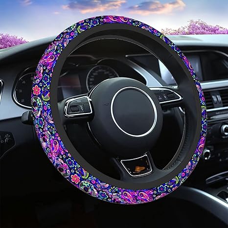 Swono Sugar Skull Steering Wheel Cover Abstract Purple Sugar Skull and Paisley Flower Skull Anti-Slip Car Wheel Wrap Compatible with Most Auto Cars Trucks with 15 Inch Steering Wheels - sugar skull tumbler with straw