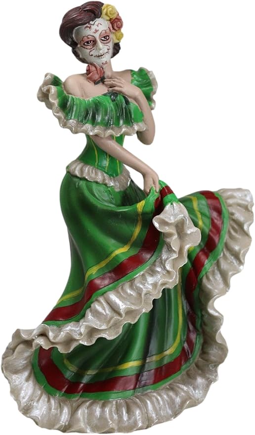 Ebros Gift Dia De Los Muertos Sugar Skull Green Gown Skeleton Ceremonial Dancer Figurine Day of The Dead Vivas Calacas Traditional Folklore Mexico Latin Cultural Sculpture - sugar skull figurine collectible