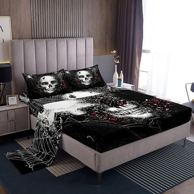 Sugar Skull Sheet Set Gothic Skull Bedding Set for Kids Boys Girls Teens Halloween Themed Bed Sheets Breathable Skeleton Design Bed Sheet Set Butterfly Floral Print Room Decor Bed Set Twin Size - sugar skull throw pillow