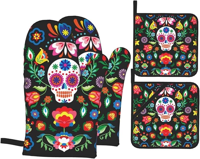 Mexican Skull Skeleton Floral Oven Mitts and Pot Holders Set of 4, Oven Mittens and Potholders Heat Resistant Gloves for Kitchen Cooking Baking Grilling BBQ - sugar skull oven mitts