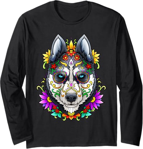 Alaskan Husky Dog Gifts NYC - sugar skull long sleeve shirt mens