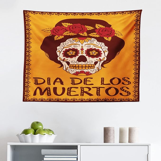 Ambesonne Sugar Skull Tapestry, Mexican Skull Girl with Hair and Flower Wreath Print, Fabric Wall Hanging Decor for Bedroom Living Room Dorm, 28" X 23", Brown Marigold - sugar skull wreath for front door