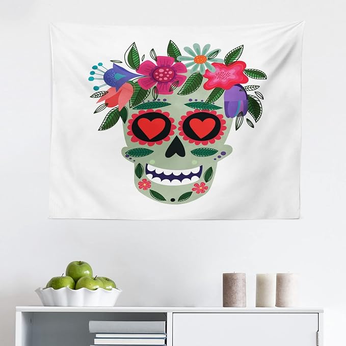 Ambesonne Sugar Skull Tapestry, Smiling Skull Wearing Floral Wreath Image Mexican Tradition Concept, Fabric Wall Hanging Decor for Bedroom Living Room Dorm, 28" X 23", Multicolor - sugar skull wreath for front door