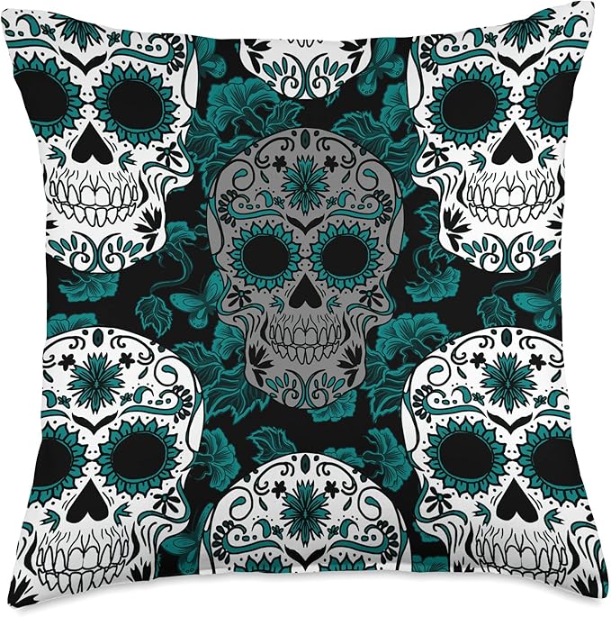 Teal Sugar Skull Pattern Cool Dia De Los Muertos Halloween Throw Pillow - sugar skull throw pillow