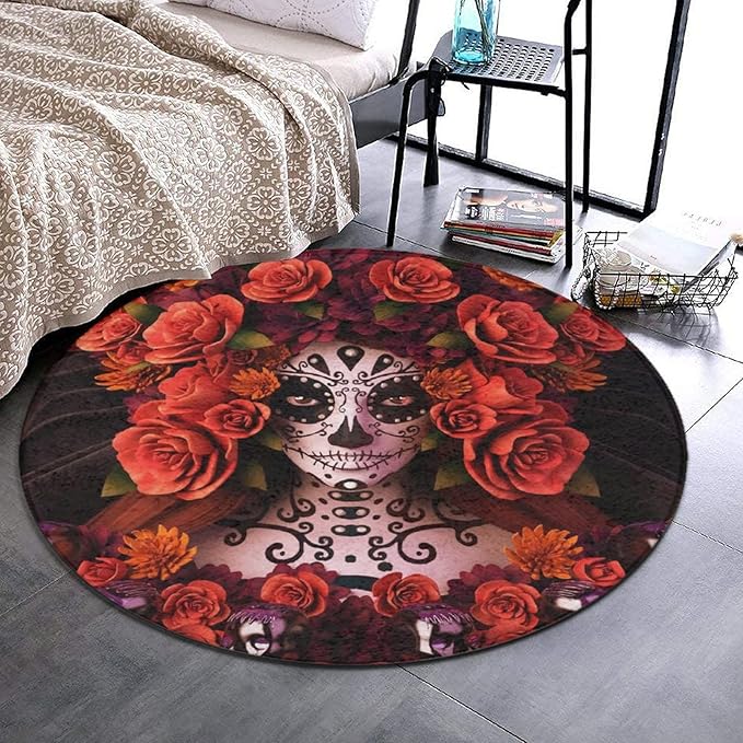 Premium Round Area Rug Ultra Soft Play Tent Rug Carpet Circular Area Rugs for Play Room Bedroom Living Room Nursery, Sugar Skulls and Roses Day of Dead Halloween, 36 Inch - sugar skull area rug